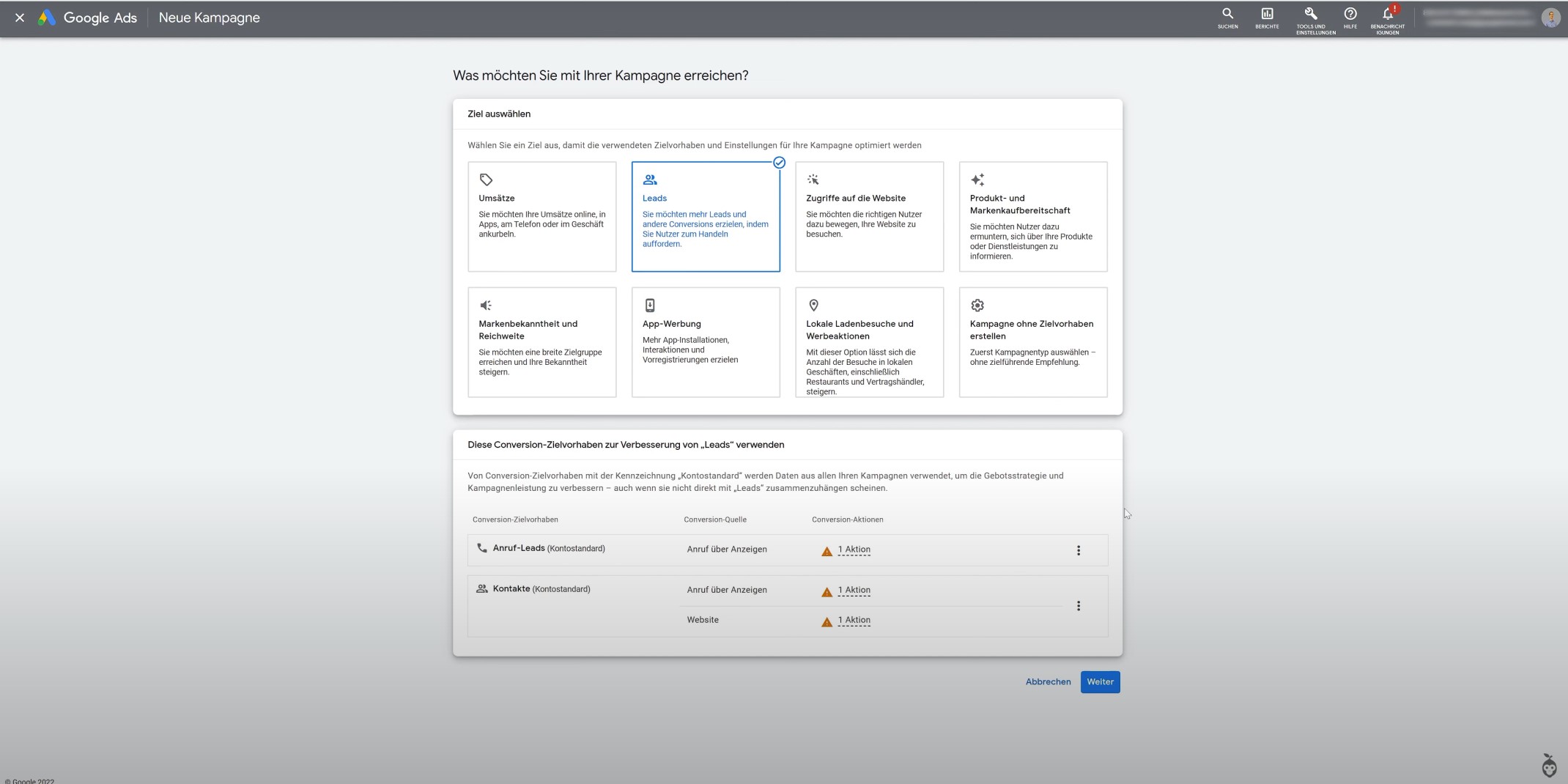 Conversion-Vorhaben können gewählt werden, man sieht Anruf Leads und Kontakte als gewählte Leads.