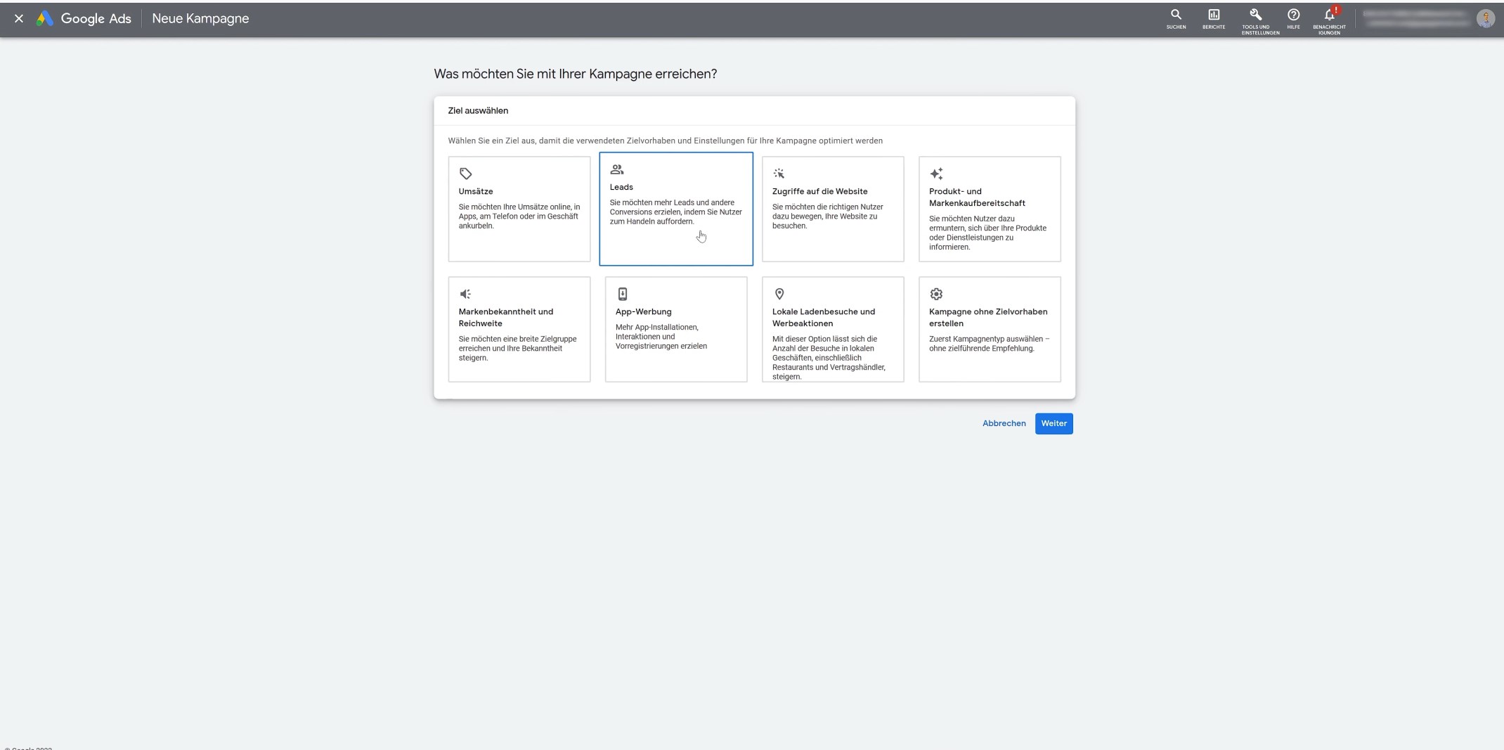 Bildschirm zeigt verschiedene Kampagnenziele, der Cursor ist auf "Leads"