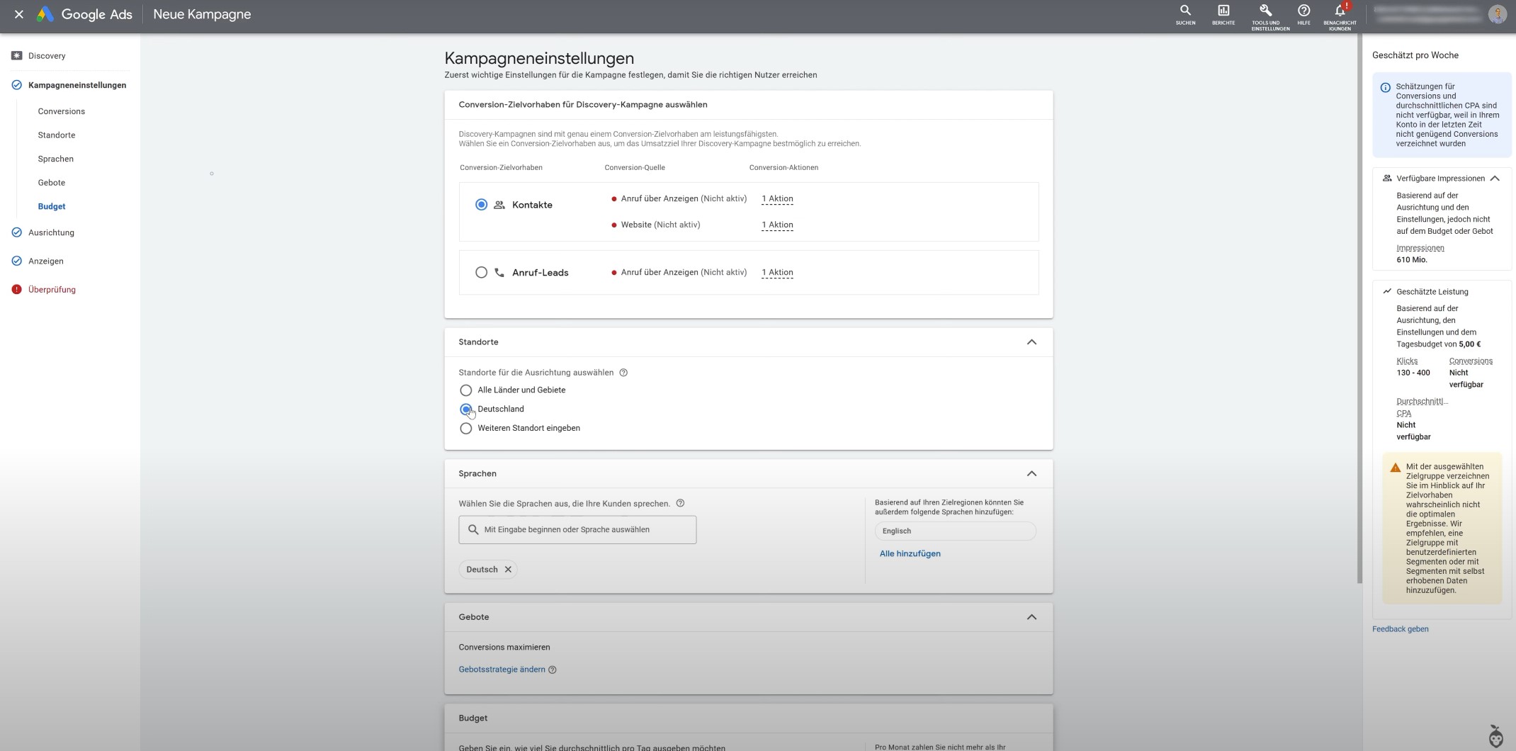 Conversion und Region wählen