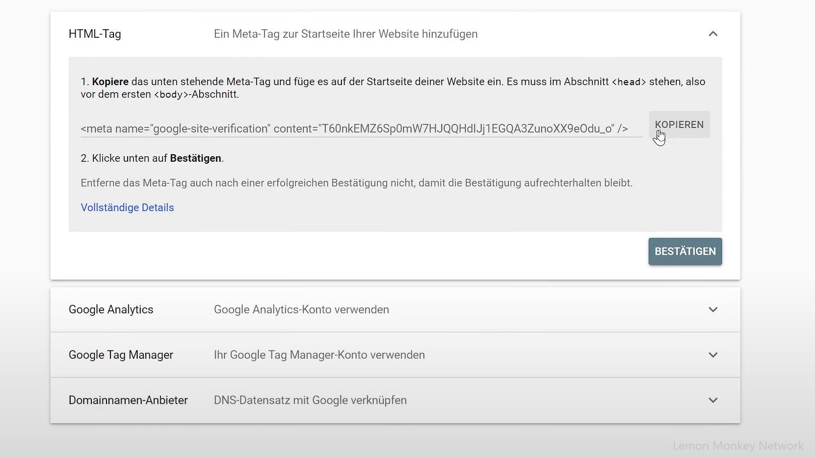 Google Search Console einrichten mit HTML-Tag