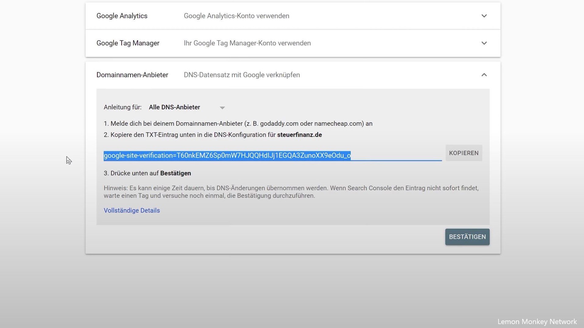 Google Search Console einrichten mit Domainnamen-Anbieter